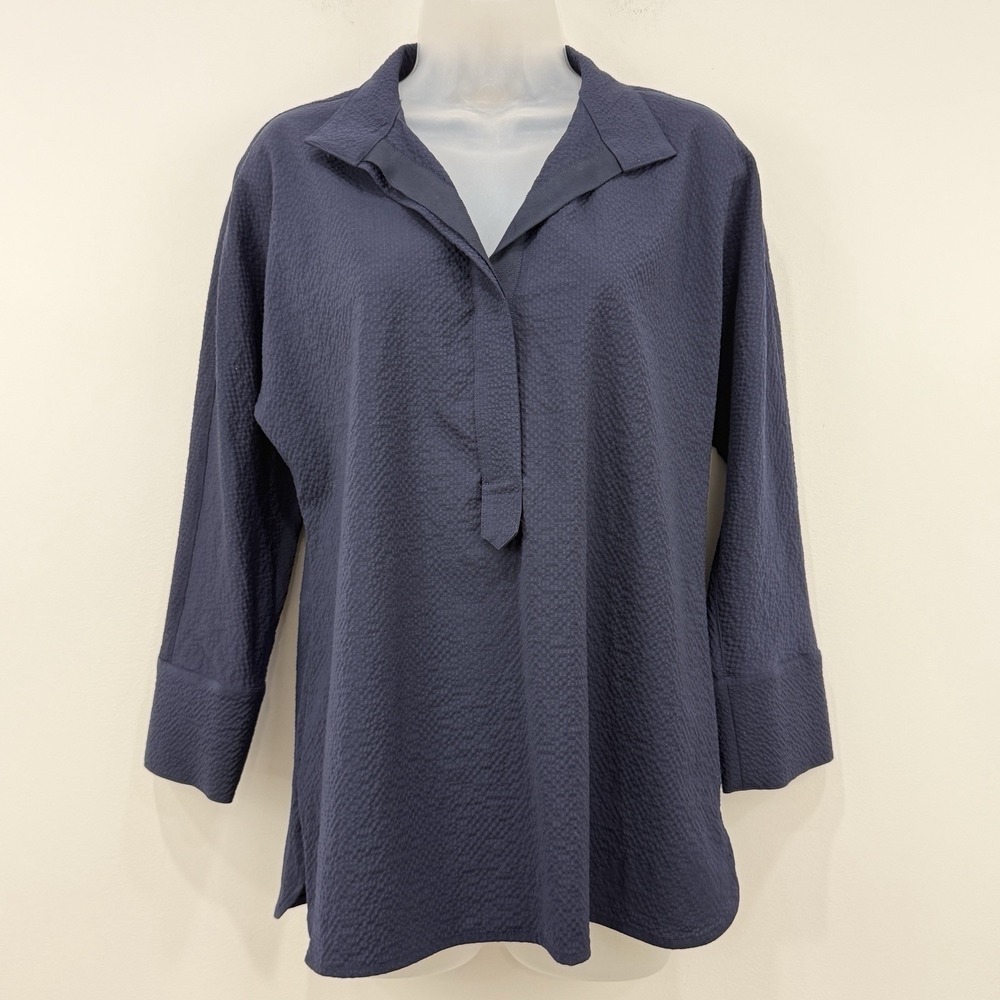 Ann Mashburn Wool Popover Top S Navy Textured Classic Minimal Capsule Quiet Lux